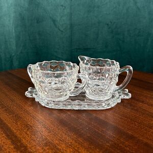 Vintage Fosteria Clear Textured Glass Creamer and Sugar Set with Tray